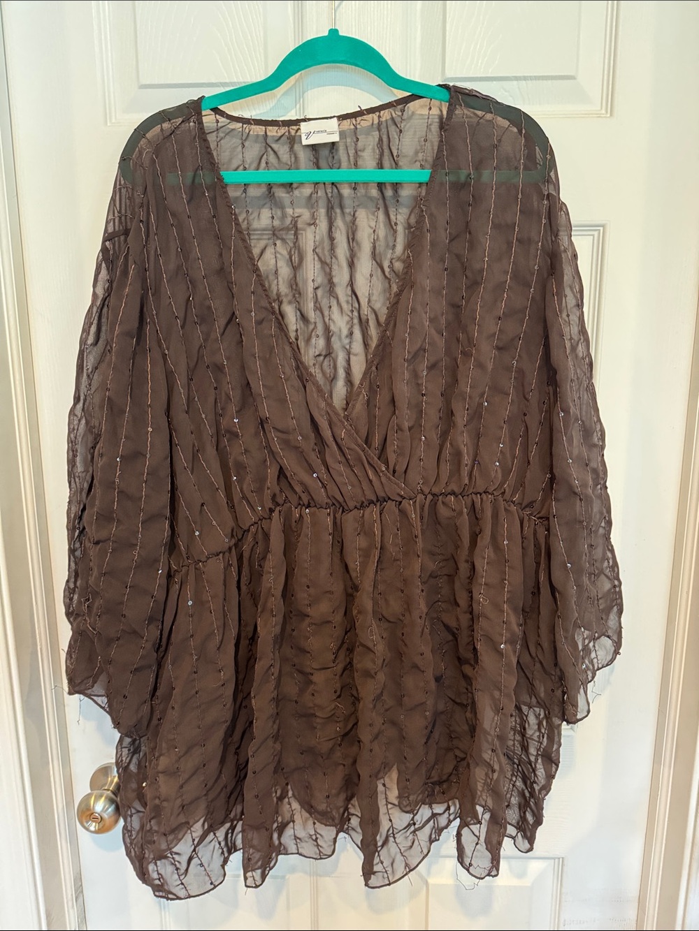 Venezia Brown Sheer V-Neck Blouse with Metallic Threading